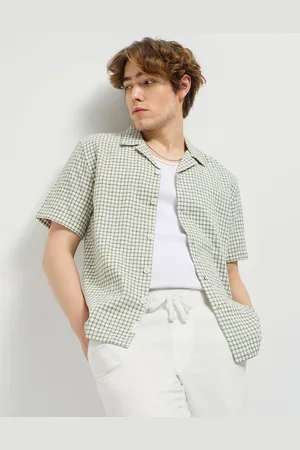 The Bear House Men Cuban Collar Micro Checked Cotton Casual Shirt