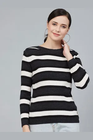 Cayman Women Striped Round Neck Pullover Ribbed Sweater