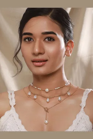 Jazz and Sizzle Brass Gold-Plated Pearl Beaded Layered Necklace