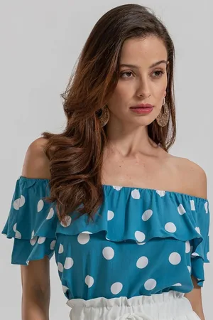 KOTTY Polka Dot Printed Off-Shoulder Puff Sleeve Bardot Crop Top