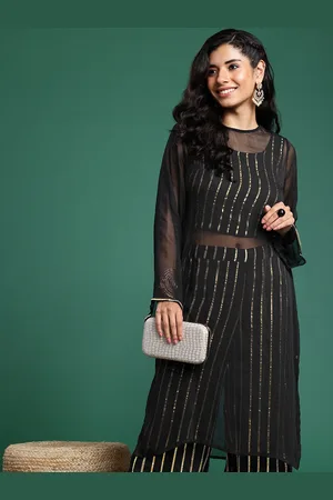 Sangria Lace Detailed Regular Pure Cotton Gotta Patti Top with Palazzos & Semi Sheer Kurta