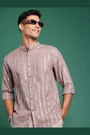 Sangria Men Striped Mandarin Collar Pure Cotton Casual Shirt