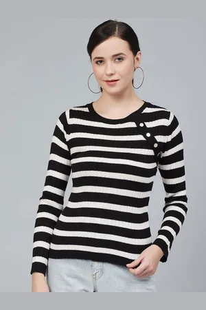 Cayman Women Striped Round Neck Pullover Sweater