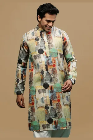 Sanwara Abstract Printed Mandarin Collar Linen Straight Kurta