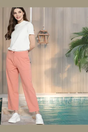 Mast & Harbour Women Peach-Coloured Pure Cotton Straight Fit Solid Crop Regular Trousers