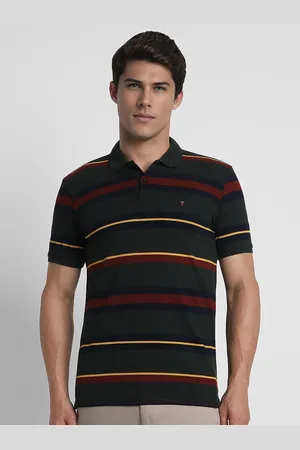 Louis Philippe Men Green & Navy Blue Striped Polo Collar T-shirt