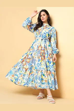 SHOWOFF Women Ethnic Motifs Printed Puff Sleeve Fit & Flare Maxi Dress