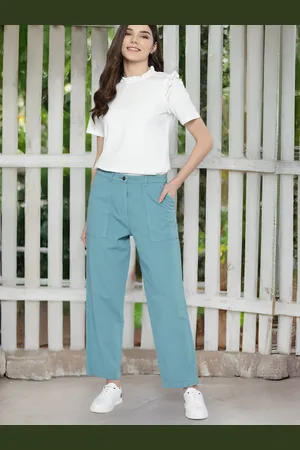Mast & Harbour Women Turquoise Blue Solid Regular Trousers