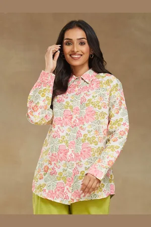 Fabindia Women Spread Collar Floral Printed Linen Blend Casual Shirt