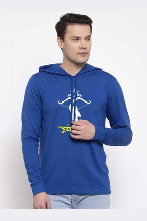 Friskers Men Royal Blue Cotton Graphics Printed Hoodie T-shirt