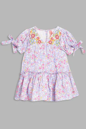 Blue Giraffe Girls Floral Print Puff Sleeve A-Line Dress
