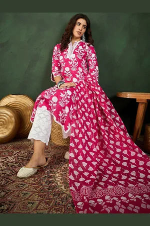 Sangria Pink Floral Printed Pure Cotton Gotta Patti StraightKurta & Trouser With Dupatta