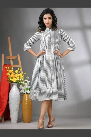 Charukriti Striped Cotton A-Line Midi Ethnic Dresses
