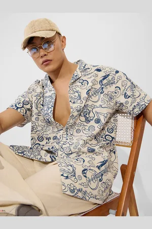 The Souled Store Men Cuban Collar Abstract Printed Cotton Relaxed Fit Casual Shirt