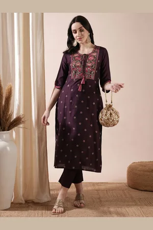 Globus Purple Floral Embroidered Thread Work Straight Kurta With Trousers
