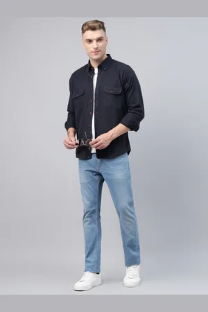 HANCOCK Men Button-Down Collar Solid Cotton Flannel Slim Fit Casual Shacket