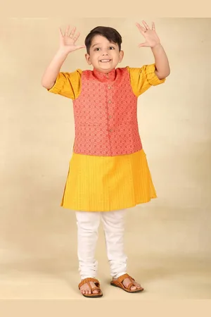 Fabindia Boys Striped Band Collar Long Sleeves Kurta With Churidar With Nehru Jacket
