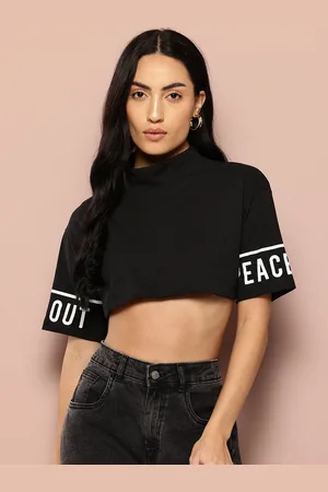 HARVARD Women Pure Cotton Printed Sleeves High Neck T-shirt
