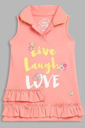 Blue Giraffe Girls Typography Printed Shirt Collar A-Line Cotton Dress