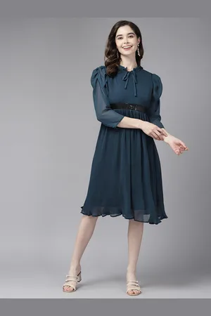 BAESD Women Solid Mandarin Collar A-Line Knee Length Dress