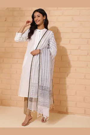 Fabindia Striped Cotton Silk Block Print Dupatta with Zari