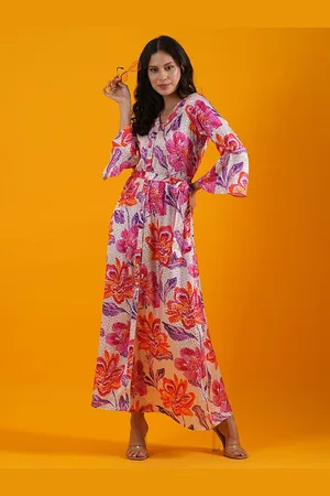 Globus Pink Floral Print Bell Sleeves Front Slit A-Line Maxi Dress With Belt