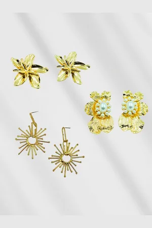 ISHKAARA Set Of 3 Gold-Plated Floral Drop Earrings