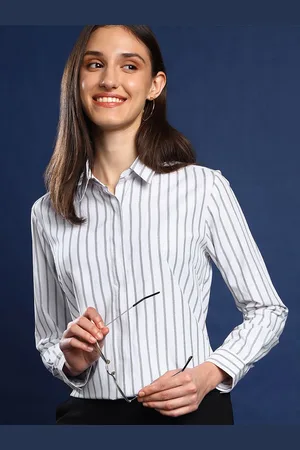 English Navy Women Wrinkle Free Vertical Striped Formal Shirt