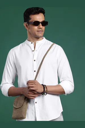 Sangria Men Mandarin Collar Pure Cotton Casual Shirt
