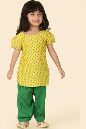Fabindia Girls Ethnic Motifs Printed Puff Sleeves Cotton Silk Kurta with Salwar