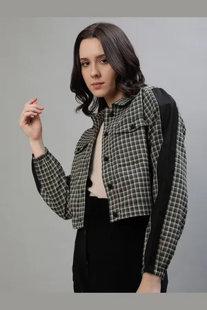 ICONIC Women Cotton Checked Crop Tailored Jacket