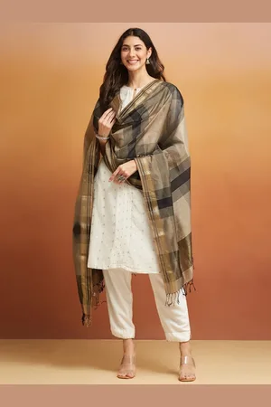 Fabindia Grey Cotton Silk Blend Maheshwari Dupatta