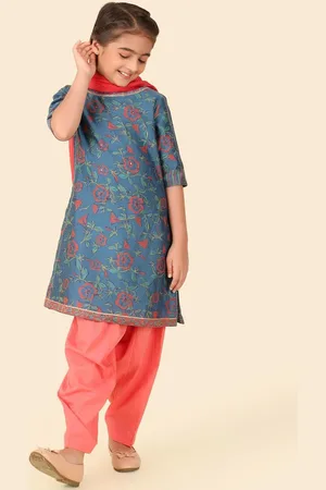 Fabindia Girls Floral Printed Round Neck Cotton Silk Straight Kurta With Salwar & Dupatta