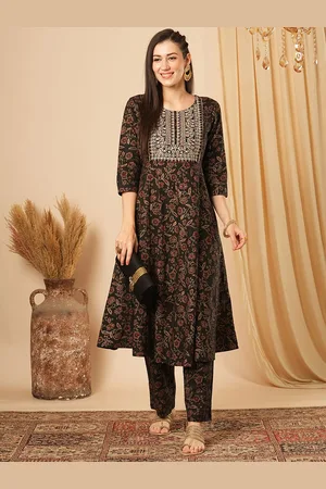 Globus Women Floral Embroidered Panelled Pure Cotton Kurta with Trousers