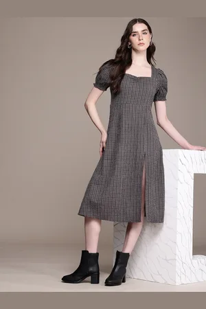 Roadster Checked Puff Sleeve Crepe Fit & Flare Midi Dress