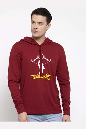 Friskers Men Maroon Cotton Graphics Printed Hoodie T-shirt