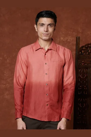 Fabindia Men Spread Collar Ombre Faded Linen Slim Fit Casual Shirt