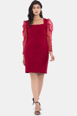 Golden Kite Women Solid Square Neck Puff Sleeve Sheath Dress