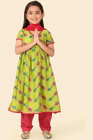Fabindia Girls Floral Printed V-Neck Cotton Silk Anarkali Kurta with Salwar & Dupatta