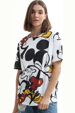 ONLY Women Graphic Printed Round Neck Cotton Oversized Mickey Mouse T-shirt