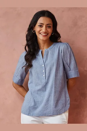 Fabindia Women Vertical Striped Mandarin Collar Cotton Top