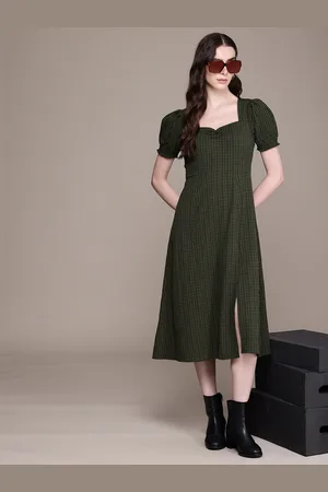 Roadster Checked Puff Sleeve Crepe A-Line Midi Dress