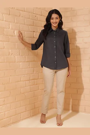 Fabindia Women Spread Collar Solid Cotton Linen Casual Shirt