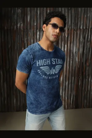 High Star Men Biker Printed indigo washed T-shirt