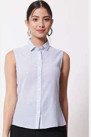 CHARMGAL Women Classic Spread Collar Vertical Striped Cotton Slim Fit Casual Shirt