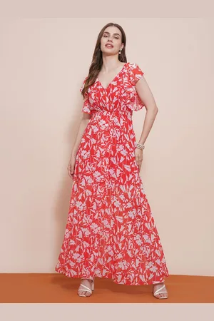 Globus Women Wrap Neck Flutter Sleeves Floral Printed Fit & Flare Maxi Dress
