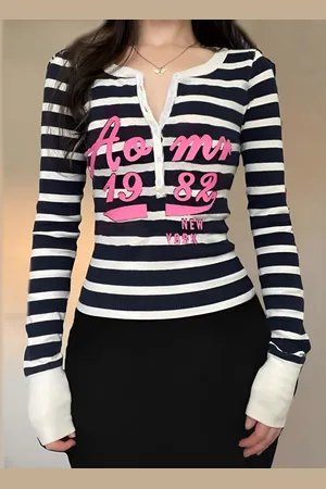 LULU & SKY Women Striped Henley Neck Applique T-shirt