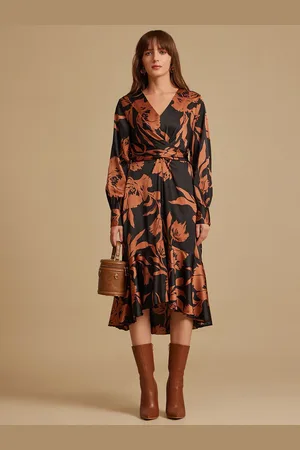 Kazo Floral Printed Satin Fit and Flare Midi Dress
