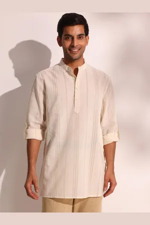 Fabindia Striped Band Collar Short Straight Kurta