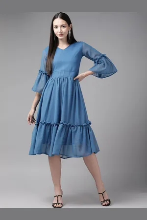 BAESD Women V-Neck Bell Sleeves Ruffles Fit and Flare Maxi Dress